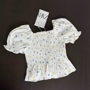 Zara White Smocked Puff-Sleeve Floral Crop Top